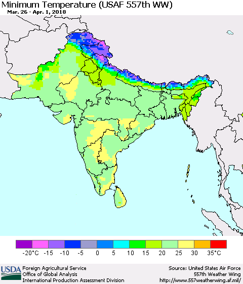 Southern Asia Mean Minimum Temperature (USAF 557th WW) Thematic Map For 3/26/2018 - 4/1/2018