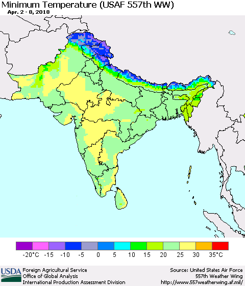 Southern Asia Mean Minimum Temperature (USAF 557th WW) Thematic Map For 4/2/2018 - 4/8/2018