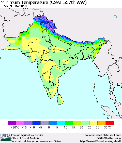 Southern Asia Mean Minimum Temperature (USAF 557th WW) Thematic Map For 4/9/2018 - 4/15/2018