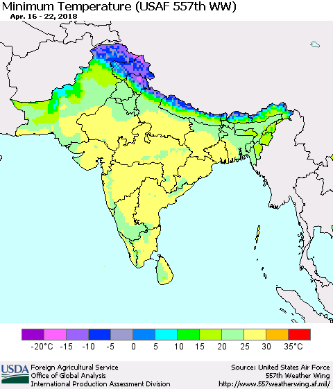 Southern Asia Mean Minimum Temperature (USAF 557th WW) Thematic Map For 4/16/2018 - 4/22/2018