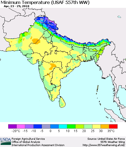 Southern Asia Mean Minimum Temperature (USAF 557th WW) Thematic Map For 4/23/2018 - 4/29/2018