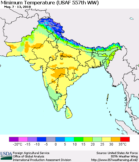 Southern Asia Mean Minimum Temperature (USAF 557th WW) Thematic Map For 5/7/2018 - 5/13/2018