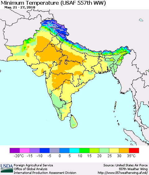 Southern Asia Mean Minimum Temperature (USAF 557th WW) Thematic Map For 5/21/2018 - 5/27/2018