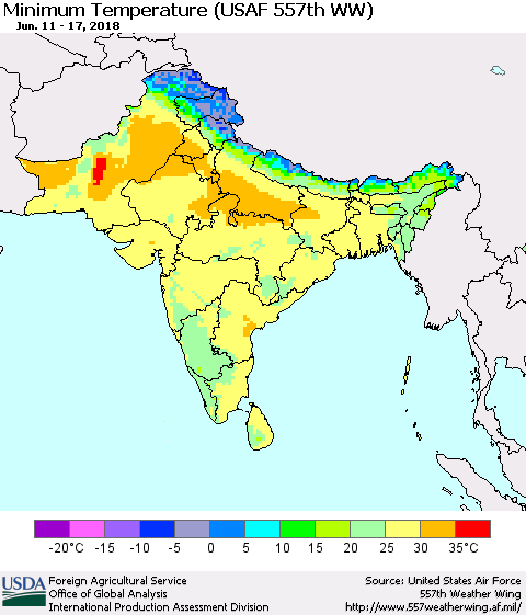 Southern Asia Mean Minimum Temperature (USAF 557th WW) Thematic Map For 6/11/2018 - 6/17/2018