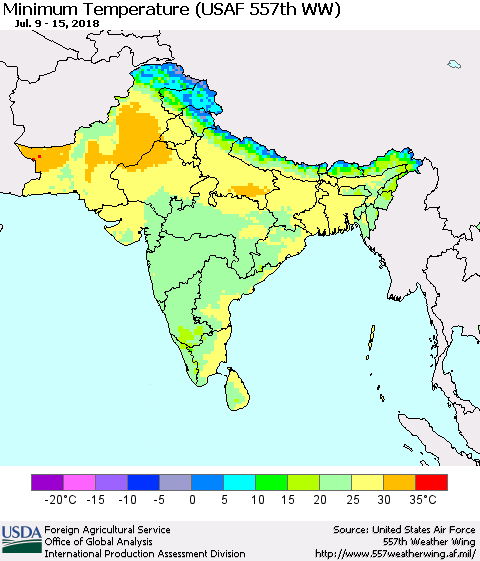 Southern Asia Mean Minimum Temperature (USAF 557th WW) Thematic Map For 7/9/2018 - 7/15/2018