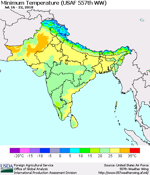 Southern Asia Mean Minimum Temperature (USAF 557th WW) Thematic Map For 7/16/2018 - 7/22/2018