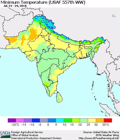 Southern Asia Mean Minimum Temperature (USAF 557th WW) Thematic Map For 7/23/2018 - 7/29/2018