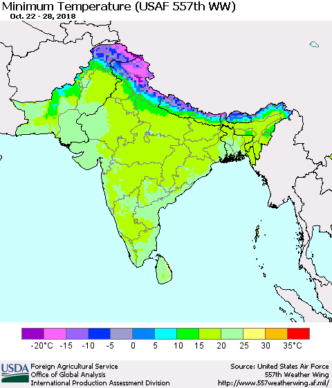 Southern Asia Mean Minimum Temperature (USAF 557th WW) Thematic Map For 10/22/2018 - 10/28/2018