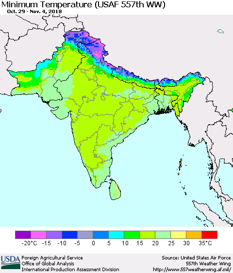 Southern Asia Mean Minimum Temperature (USAF 557th WW) Thematic Map For 10/29/2018 - 11/4/2018