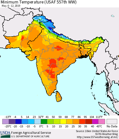 Southern Asia Minimum Temperature (USAF 557th WW) Thematic Map For 5/6/2019 - 5/12/2019