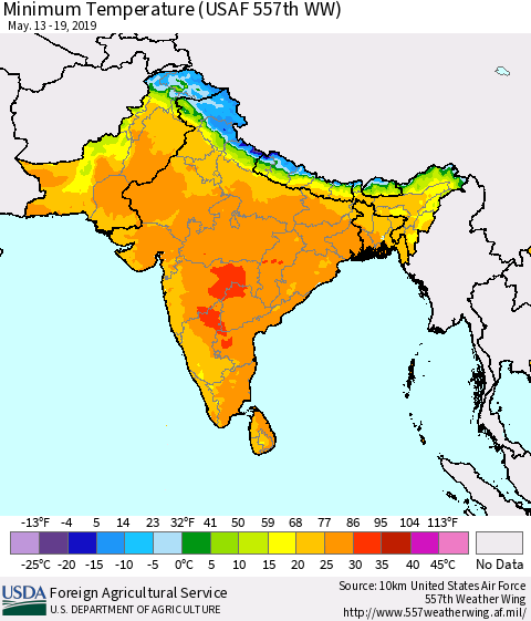 Southern Asia Minimum Temperature (USAF 557th WW) Thematic Map For 5/13/2019 - 5/19/2019