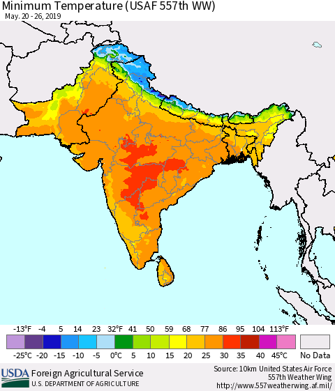 Southern Asia Minimum Temperature (USAF 557th WW) Thematic Map For 5/20/2019 - 5/26/2019