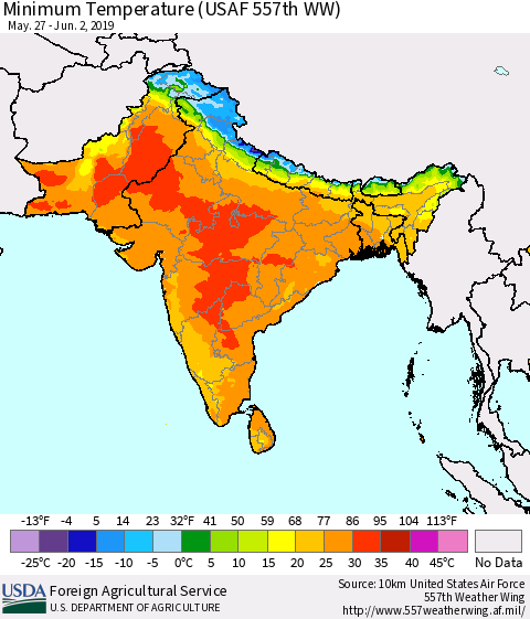 Southern Asia Minimum Temperature (USAF 557th WW) Thematic Map For 5/27/2019 - 6/2/2019