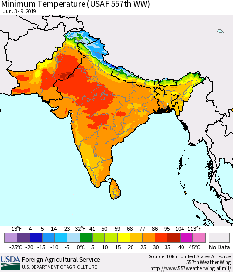 Southern Asia Minimum Temperature (USAF 557th WW) Thematic Map For 6/3/2019 - 6/9/2019