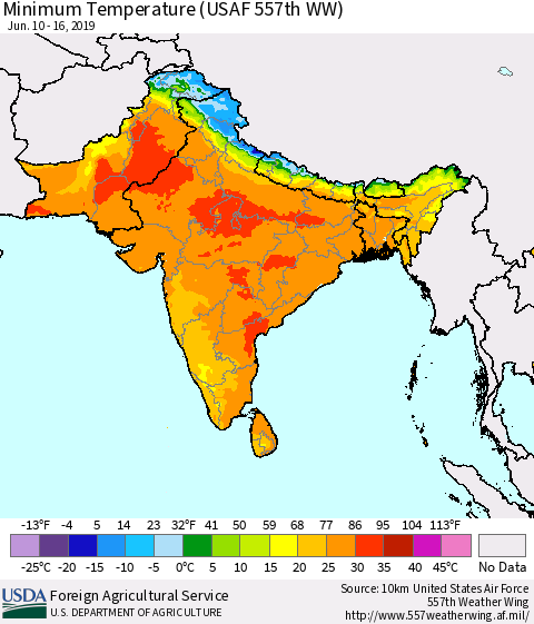 Southern Asia Minimum Temperature (USAF 557th WW) Thematic Map For 6/10/2019 - 6/16/2019