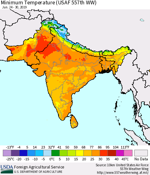 Southern Asia Minimum Temperature (USAF 557th WW) Thematic Map For 6/24/2019 - 6/30/2019