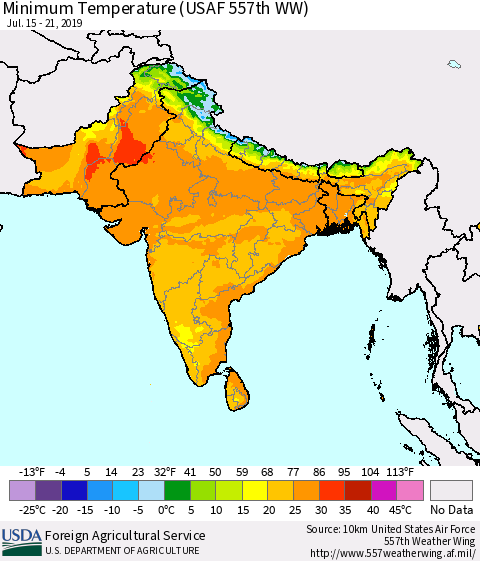 Southern Asia Minimum Temperature (USAF 557th WW) Thematic Map For 7/15/2019 - 7/21/2019