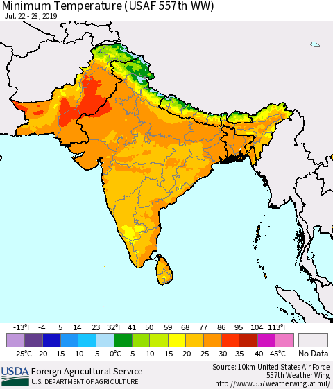 Southern Asia Minimum Temperature (USAF 557th WW) Thematic Map For 7/22/2019 - 7/28/2019