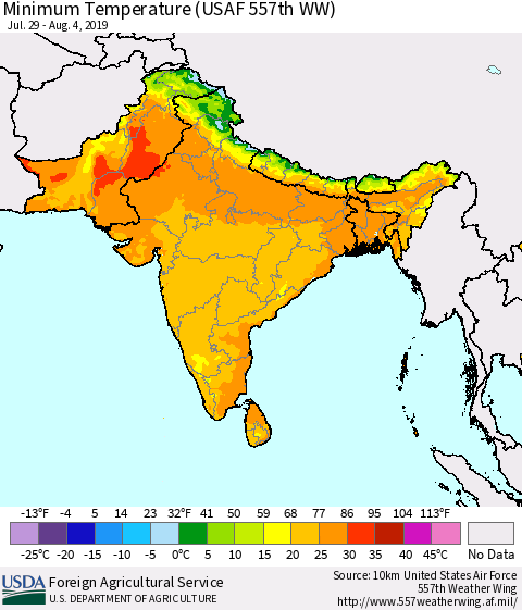 Southern Asia Mean Minimum Temperature (USAF 557th WW) Thematic Map For 7/29/2019 - 8/4/2019