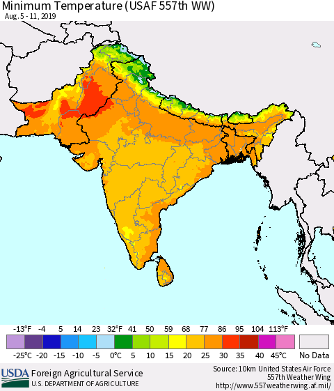 Southern Asia Mean Minimum Temperature (USAF 557th WW) Thematic Map For 8/5/2019 - 8/11/2019