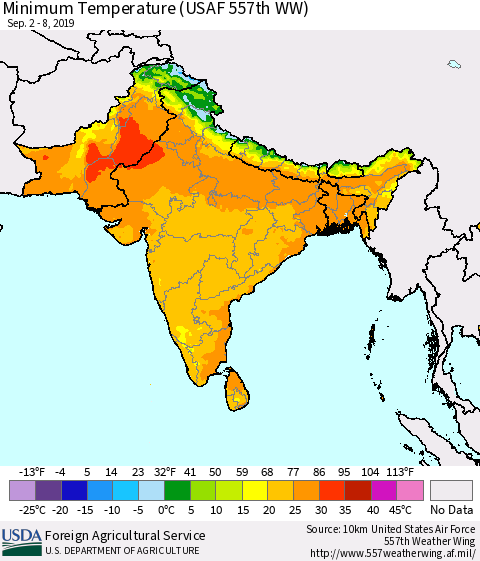 Southern Asia Minimum Temperature (USAF 557th WW) Thematic Map For 9/2/2019 - 9/8/2019