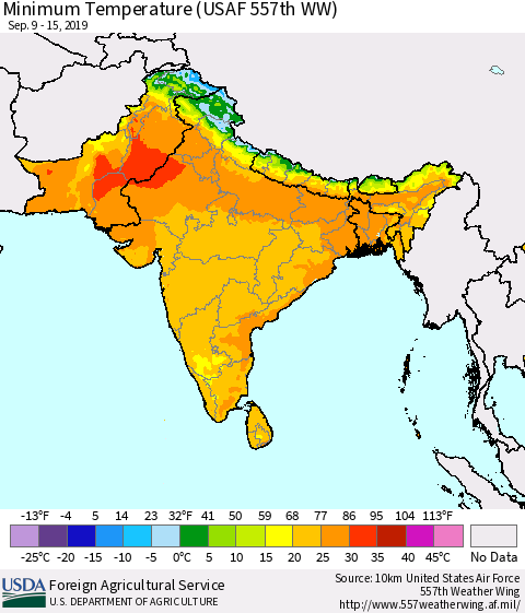 Southern Asia Minimum Temperature (USAF 557th WW) Thematic Map For 9/9/2019 - 9/15/2019