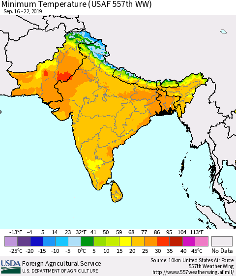 Southern Asia Minimum Temperature (USAF 557th WW) Thematic Map For 9/16/2019 - 9/22/2019
