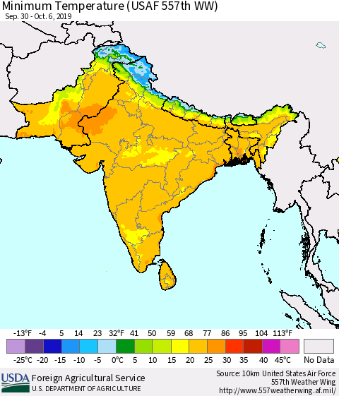 Southern Asia Minimum Temperature (USAF 557th WW) Thematic Map For 9/30/2019 - 10/6/2019