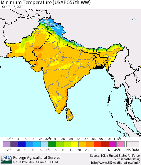 Southern Asia Minimum Temperature (USAF 557th WW) Thematic Map For 10/7/2019 - 10/13/2019