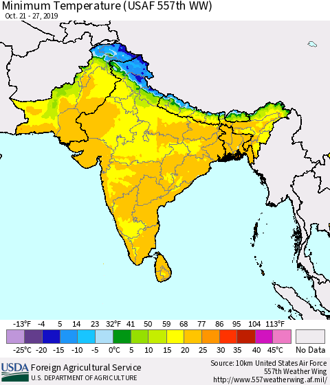 Southern Asia Minimum Temperature (USAF 557th WW) Thematic Map For 10/21/2019 - 10/27/2019