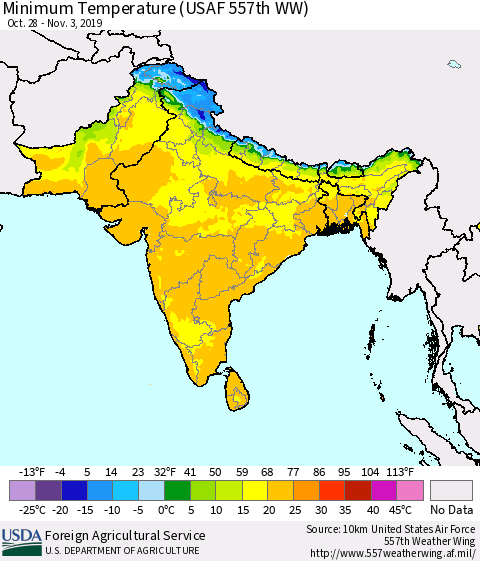 Southern Asia Minimum Temperature (USAF 557th WW) Thematic Map For 10/28/2019 - 11/3/2019