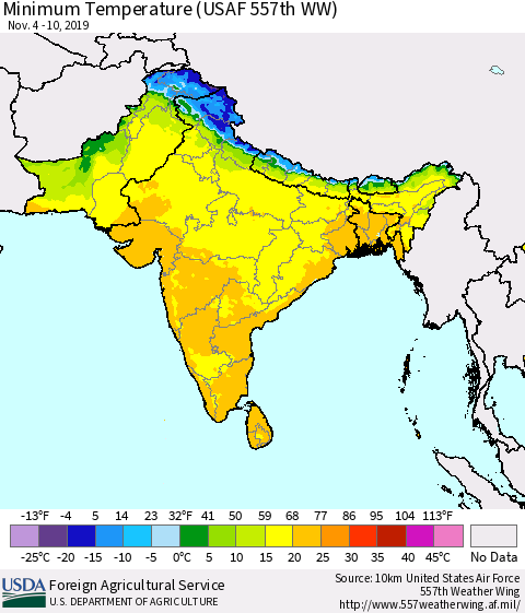 Southern Asia Minimum Temperature (USAF 557th WW) Thematic Map For 11/4/2019 - 11/10/2019
