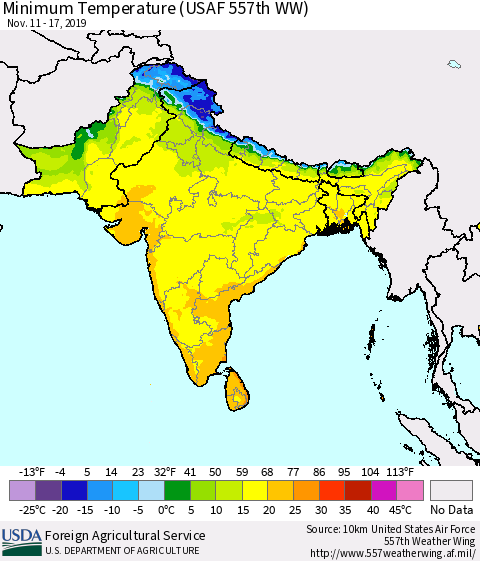 Southern Asia Minimum Temperature (USAF 557th WW) Thematic Map For 11/11/2019 - 11/17/2019