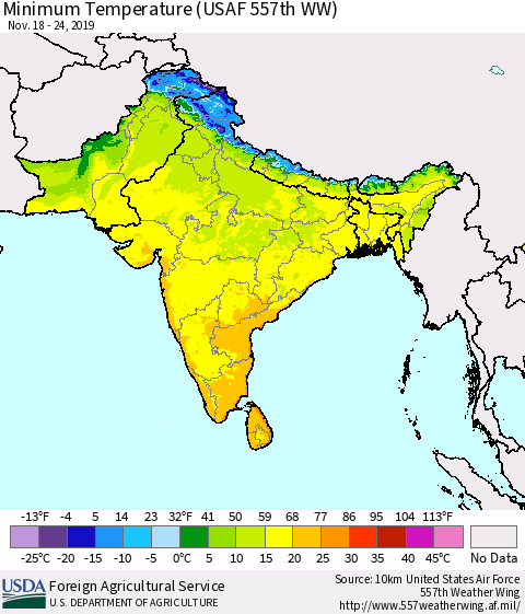 Southern Asia Minimum Temperature (USAF 557th WW) Thematic Map For 11/18/2019 - 11/24/2019
