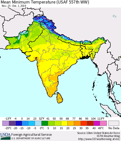 Southern Asia Minimum Temperature (USAF 557th WW) Thematic Map For 11/25/2019 - 12/1/2019