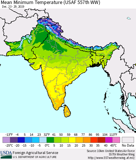 Southern Asia Minimum Temperature (USAF 557th WW) Thematic Map For 12/23/2019 - 12/29/2019