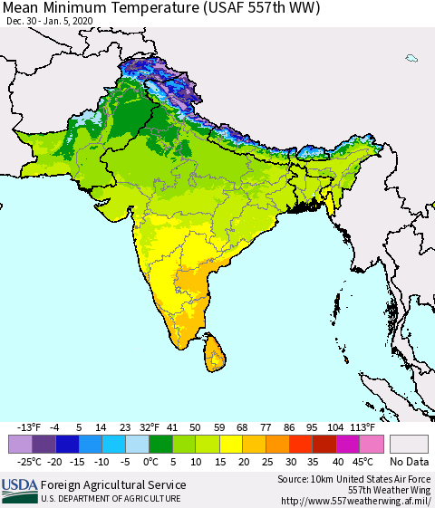 Southern Asia Mean Minimum Temperature (USAF 557th WW) Thematic Map For 12/30/2019 - 1/5/2020