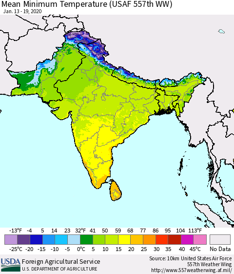 Southern Asia Minimum Temperature (USAF 557th WW) Thematic Map For 1/13/2020 - 1/19/2020