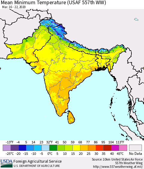 Southern Asia Minimum Temperature (USAF 557th WW) Thematic Map For 3/16/2020 - 3/22/2020
