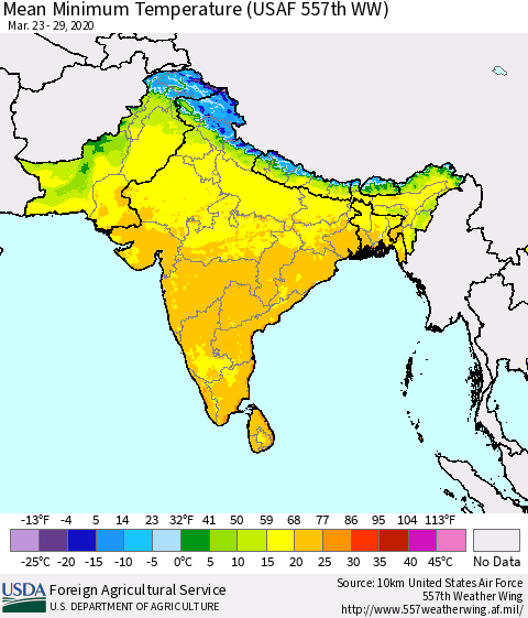 Southern Asia Mean Minimum Temperature (USAF 557th WW) Thematic Map For 3/23/2020 - 3/29/2020