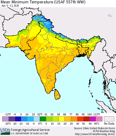 Southern Asia Mean Minimum Temperature (USAF 557th WW) Thematic Map For 4/6/2020 - 4/12/2020