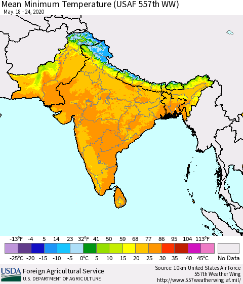 Southern Asia Minimum Temperature (USAF 557th WW) Thematic Map For 5/18/2020 - 5/24/2020