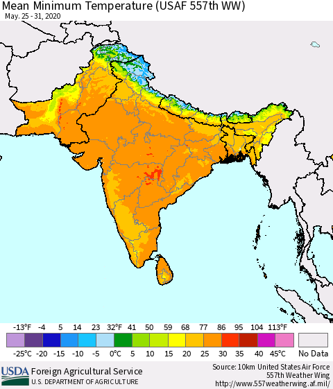 Southern Asia Mean Minimum Temperature (USAF 557th WW) Thematic Map For 5/25/2020 - 5/31/2020