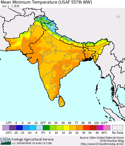 Southern Asia Minimum Temperature (USAF 557th WW) Thematic Map For 6/1/2020 - 6/7/2020