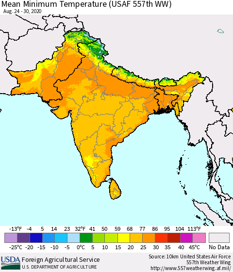 Southern Asia Minimum Temperature (USAF 557th WW) Thematic Map For 8/24/2020 - 8/30/2020