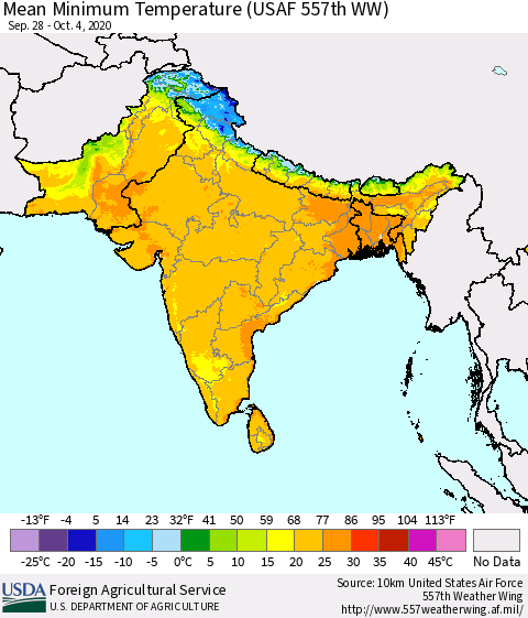 Southern Asia Minimum Temperature (USAF 557th WW) Thematic Map For 9/28/2020 - 10/4/2020