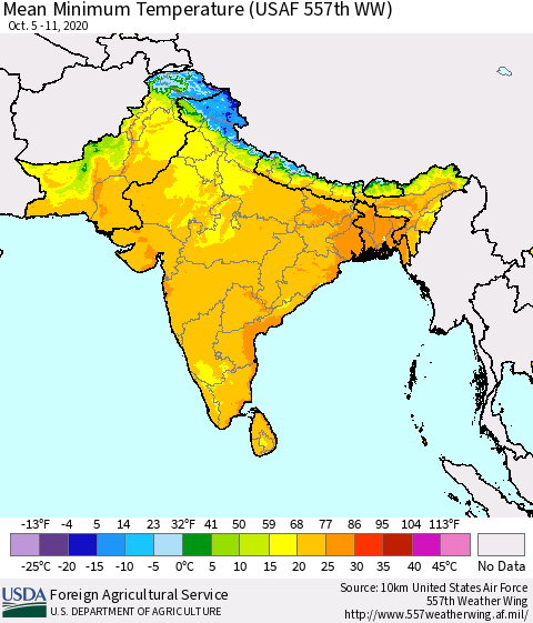 Southern Asia Mean Minimum Temperature (USAF 557th WW) Thematic Map For 10/5/2020 - 10/11/2020