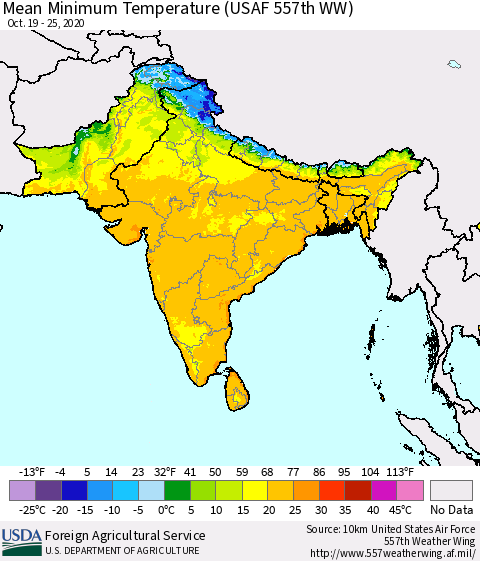 Southern Asia Minimum Temperature (USAF 557th WW) Thematic Map For 10/19/2020 - 10/25/2020