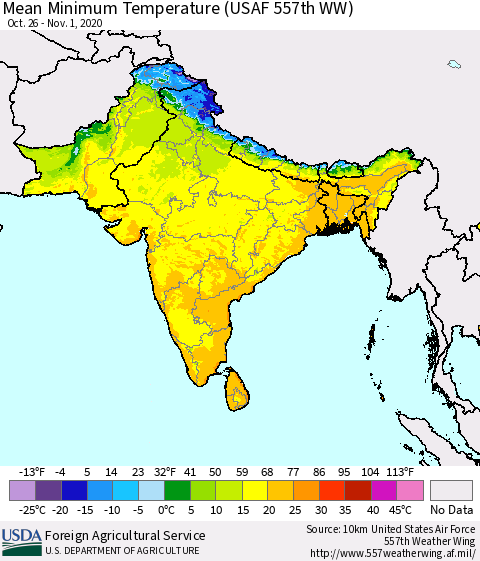 Southern Asia Minimum Temperature (USAF 557th WW) Thematic Map For 10/26/2020 - 11/1/2020