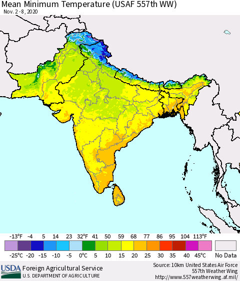 Southern Asia Mean Minimum Temperature (USAF 557th WW) Thematic Map For 11/2/2020 - 11/8/2020